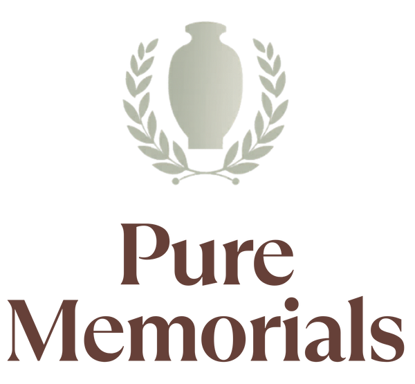 Logo of Pure Memorials with a urn and laurel wreath design on a white background