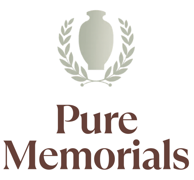 Logo of Pure Memorials with a urn and laurel wreath design on a white background