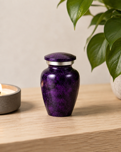 Keepsake Urn for Ashes NZ "Amethyst Swirl" in deep purple with polished silver band