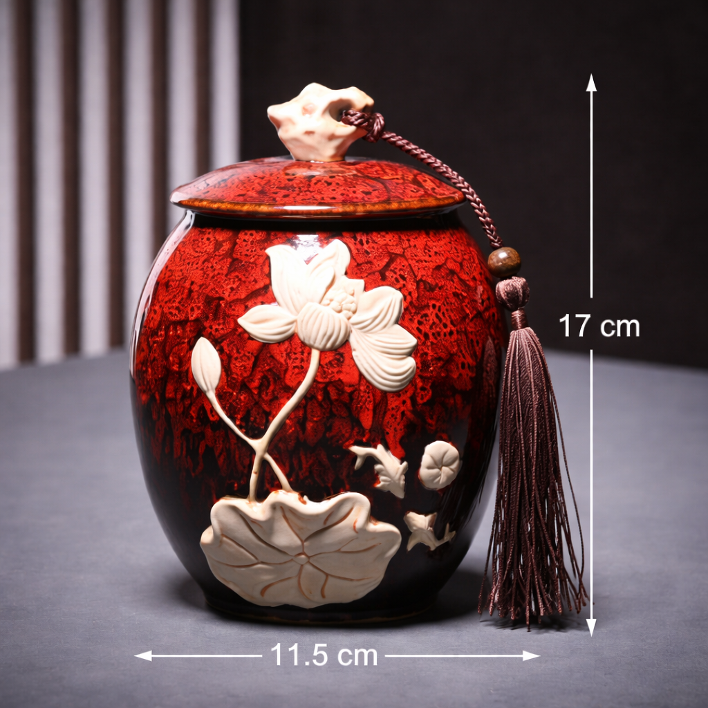 Decorative ceramic jar with floral designs and measurements on a dark background