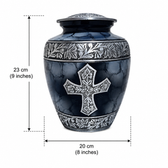 Guardian Cross Cremation Urn for Ashes specifications showing adult size, capacity and aluminium construction