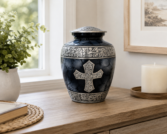 Cremation Urn for Ashes NZ "Guardian Cross" in deep navy with engraved silver cross