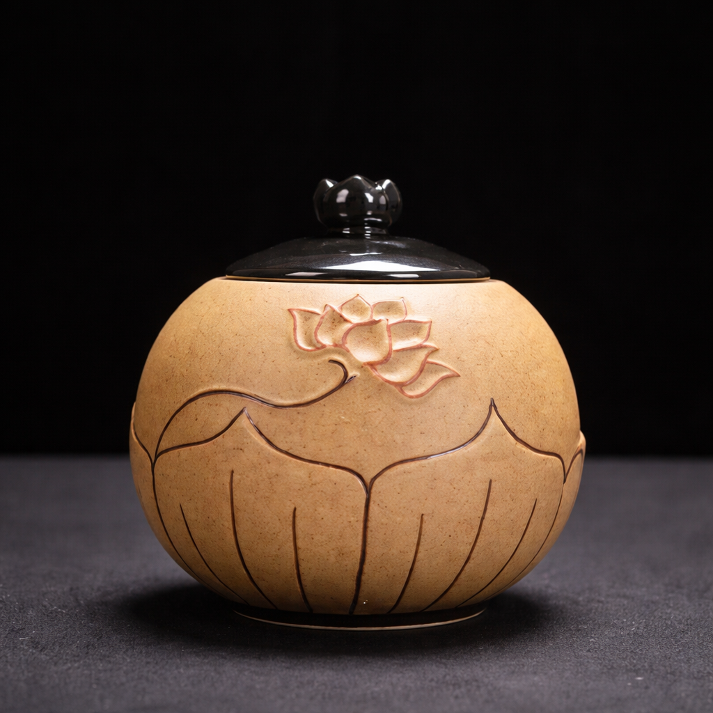 Ceramic container with lotus flower design on a black background