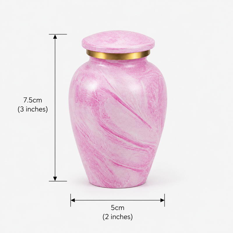 Rose Swirl Keepsake Urn specifications showing 3 cubic inch capacity, aluminium construction and compact size