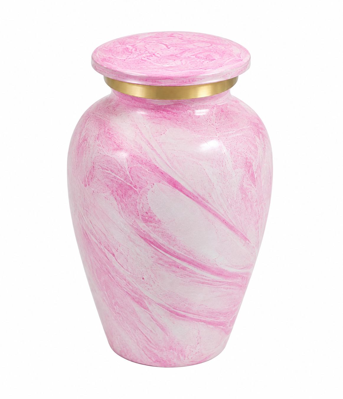 Rose Swirl Keepsake Urn for Ashes showing hand-marbled pink finish and gold neck band
