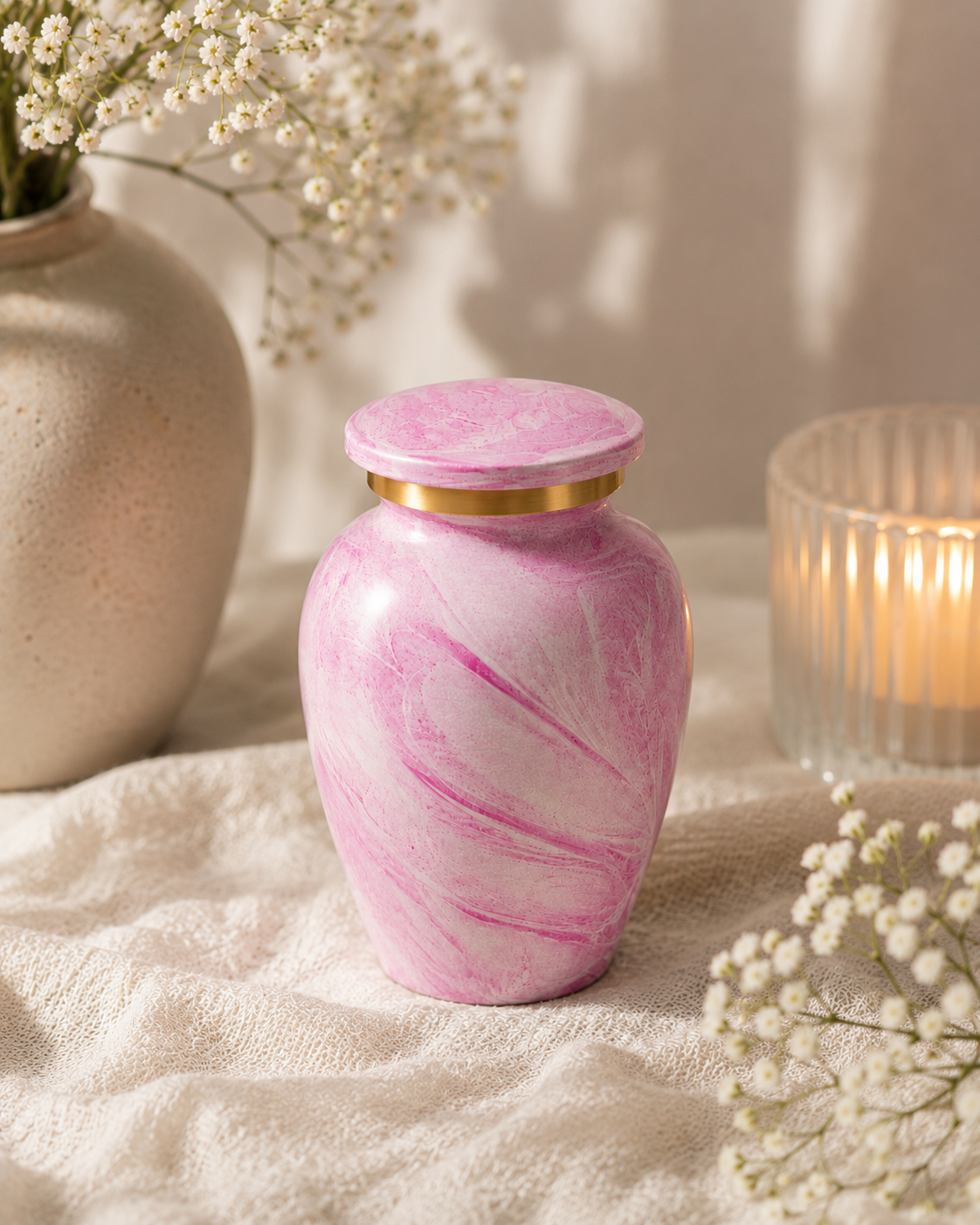 Rose Swirl Keepsake Urn showing hand-marbled pink enamel finish and gold-toned detailing