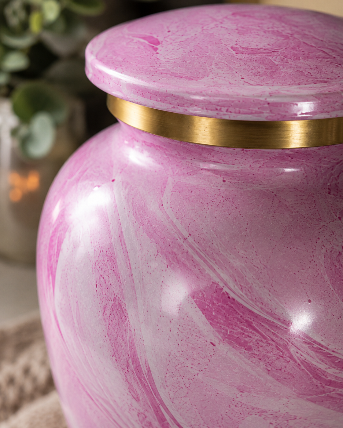 Rose Swirl Keepsake Urn showing hand-marbled pink enamel finish and gold-toned detailing