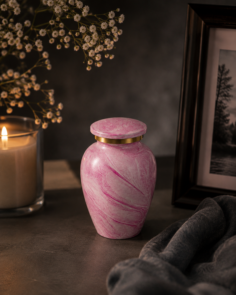 Rose Swirl Keepsake Memorial Urn with unique pink marbling, gold band and decorative embossed lid