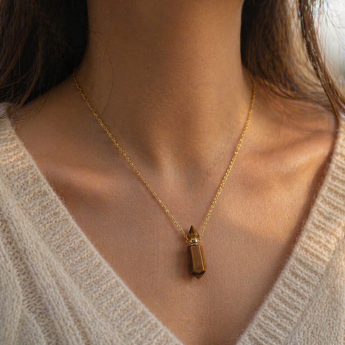 Natural Stone Keepsake Necklace for Ashes with stainless steel pendant and organic stone-inspired centre